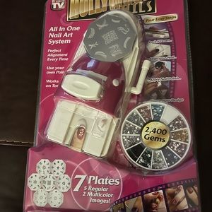 All in one nail art system with nail design plates and gems